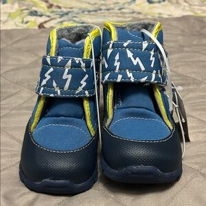 See Kai Run Blue Lightning-Print Kids Boots with Yellow Trim